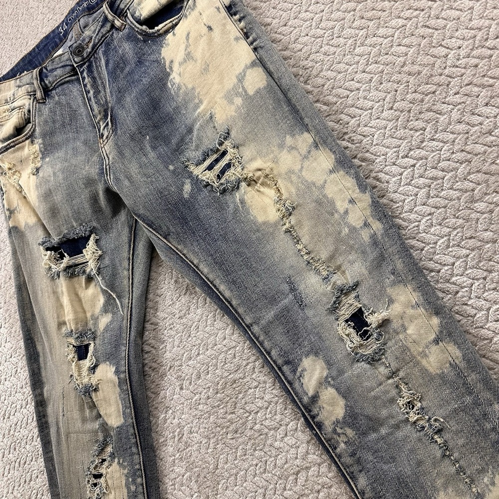 Crysp Denim Mens Jeans 34x34 Distressed Bleach Splatter Graffiti Moto Style Rock - Picture 5 of 15